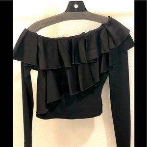 Black long sleeve cropped top with ruffle detail